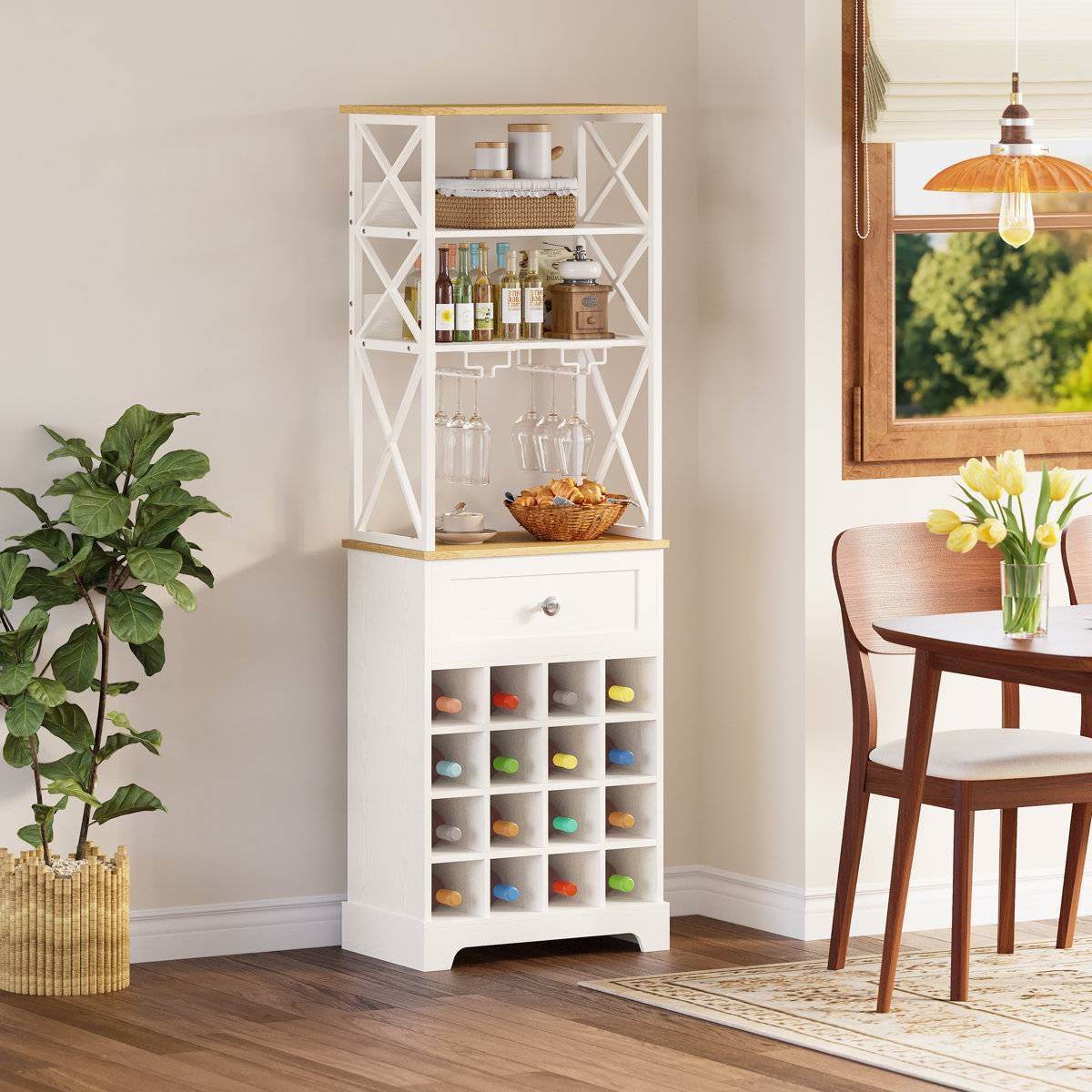 White/Natural Wine Bottle & Glass Rack Cabinet Bar Storage - Loft&Timber