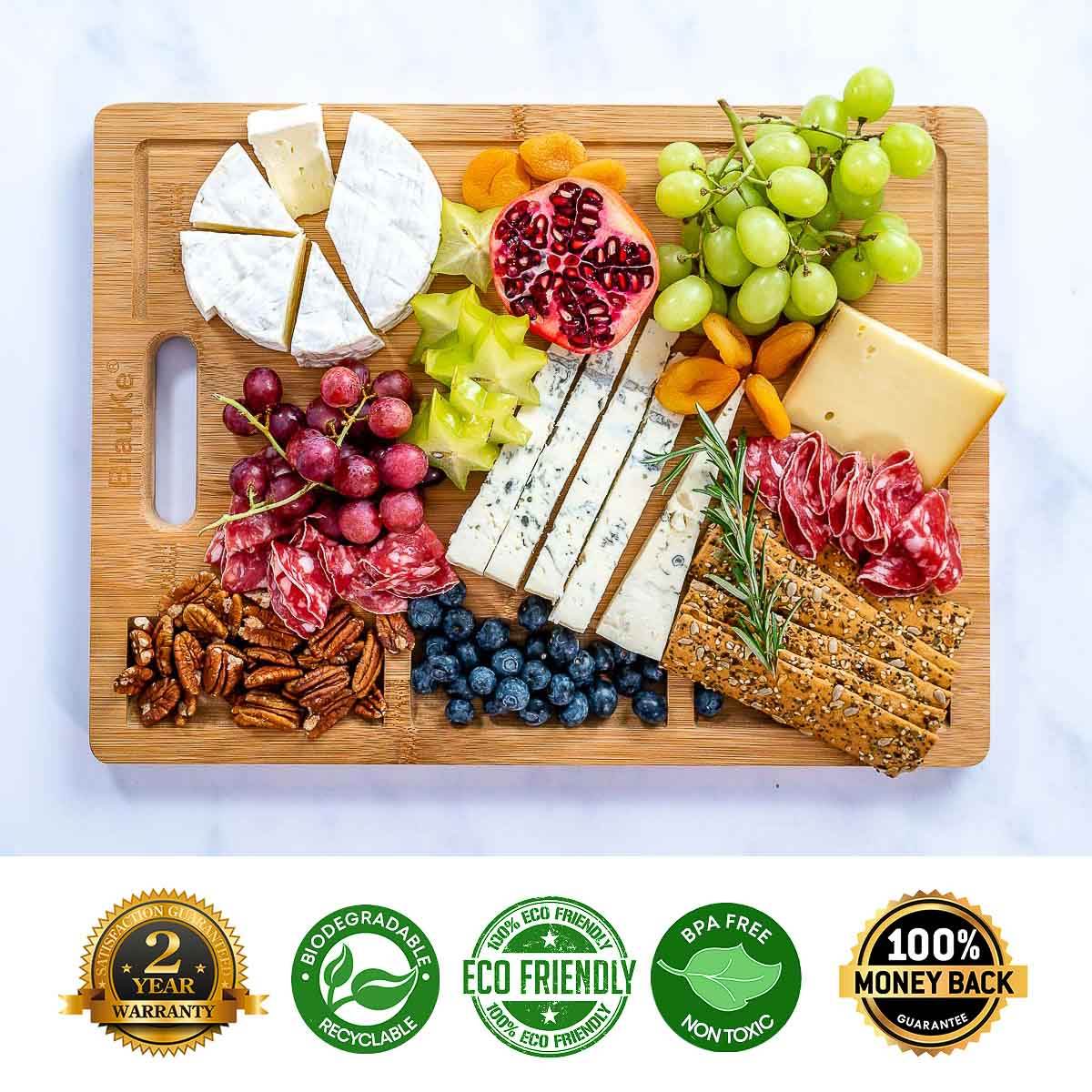 Extra Large Bamboo Cutting Board - 17x12.5 inch Wood Cutting Board for Meat, Cheese, Veggies - Wood Serving Tray with Juice Groove and 3 Compartments - Loft&Timber