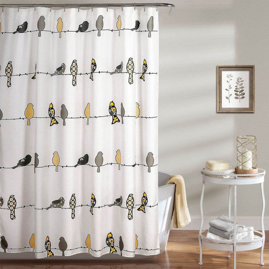 72 x 72 inch Yellow Grey Birds Floral Polyester Machine-Washable Shower Curtain - Loft&Timber