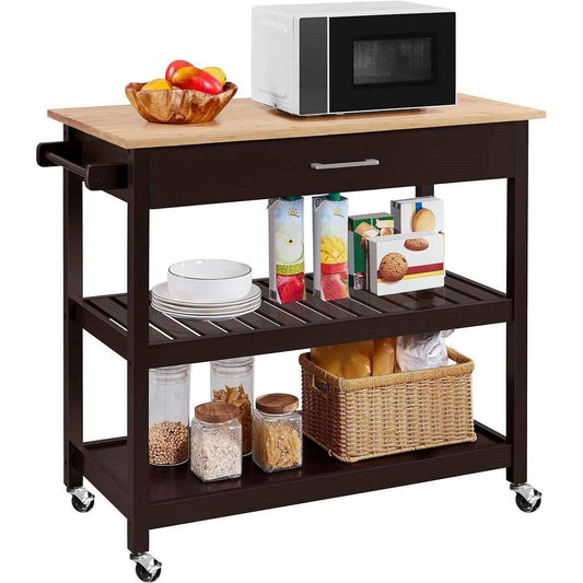 Black Kitchen Island Cart with Wood Top 2-Shelves Drawer and Locking Wheels - Loft&Timber