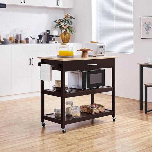 Black Kitchen Island Cart with Wood Top 2-Shelves Drawer and Locking Wheels - Loft&Timber
