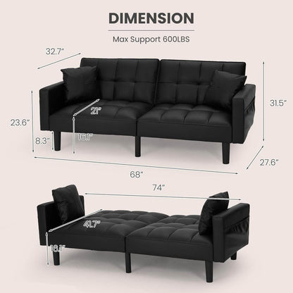 Faux Leather Futon Couch, Convertible Sofa Bed with Adjustable Back, Black - Loft&Timber