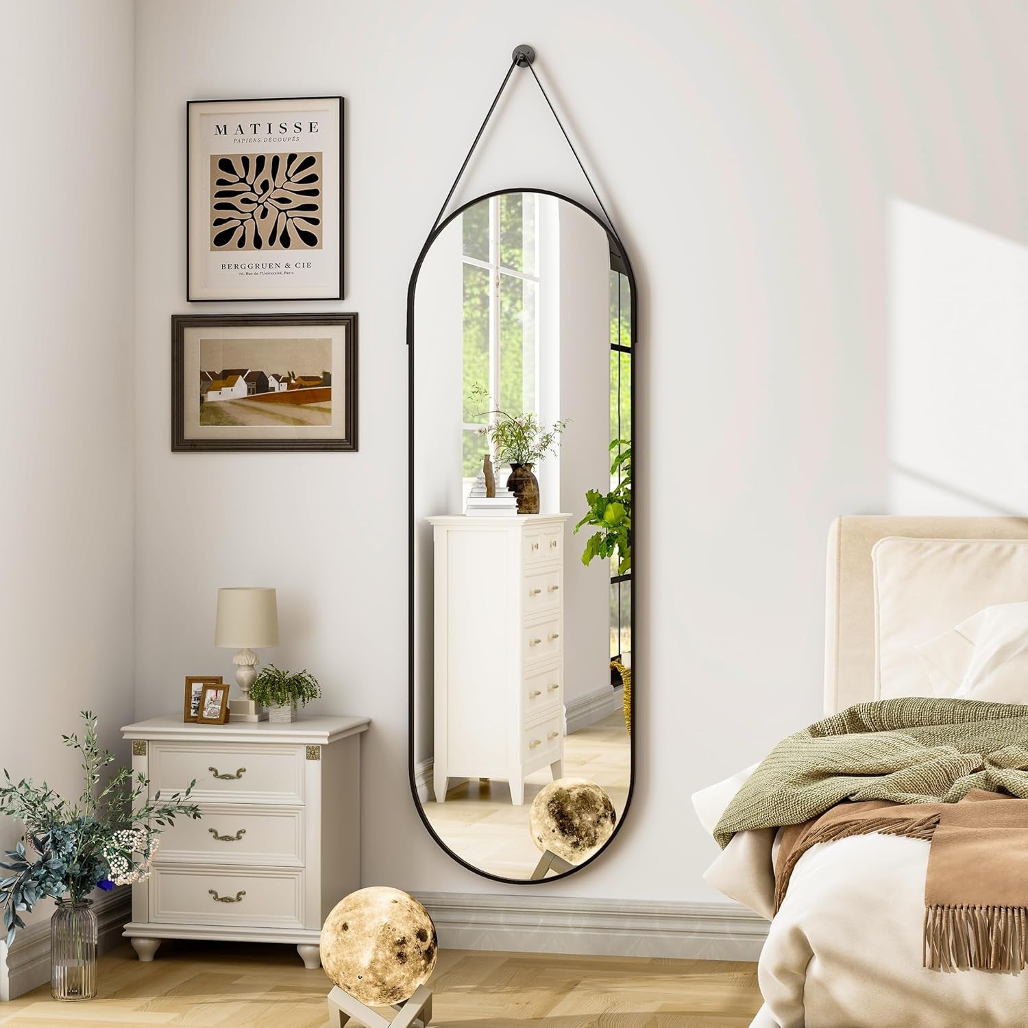 16"X48" Oval Hanging Mirror with Leather Strap Full Length Mirror Aluminum Frame Wall-Mounted Hanging Mirrors for Bathroom Vanity Living Room Bedroom Entryway Decor - Loft&Timber