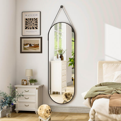 16"X48" Oval Hanging Mirror with Leather Strap Full Length Mirror Aluminum Frame Wall-Mounted Hanging Mirrors for Bathroom Vanity Living Room Bedroom Entryway Decor - Loft&Timber