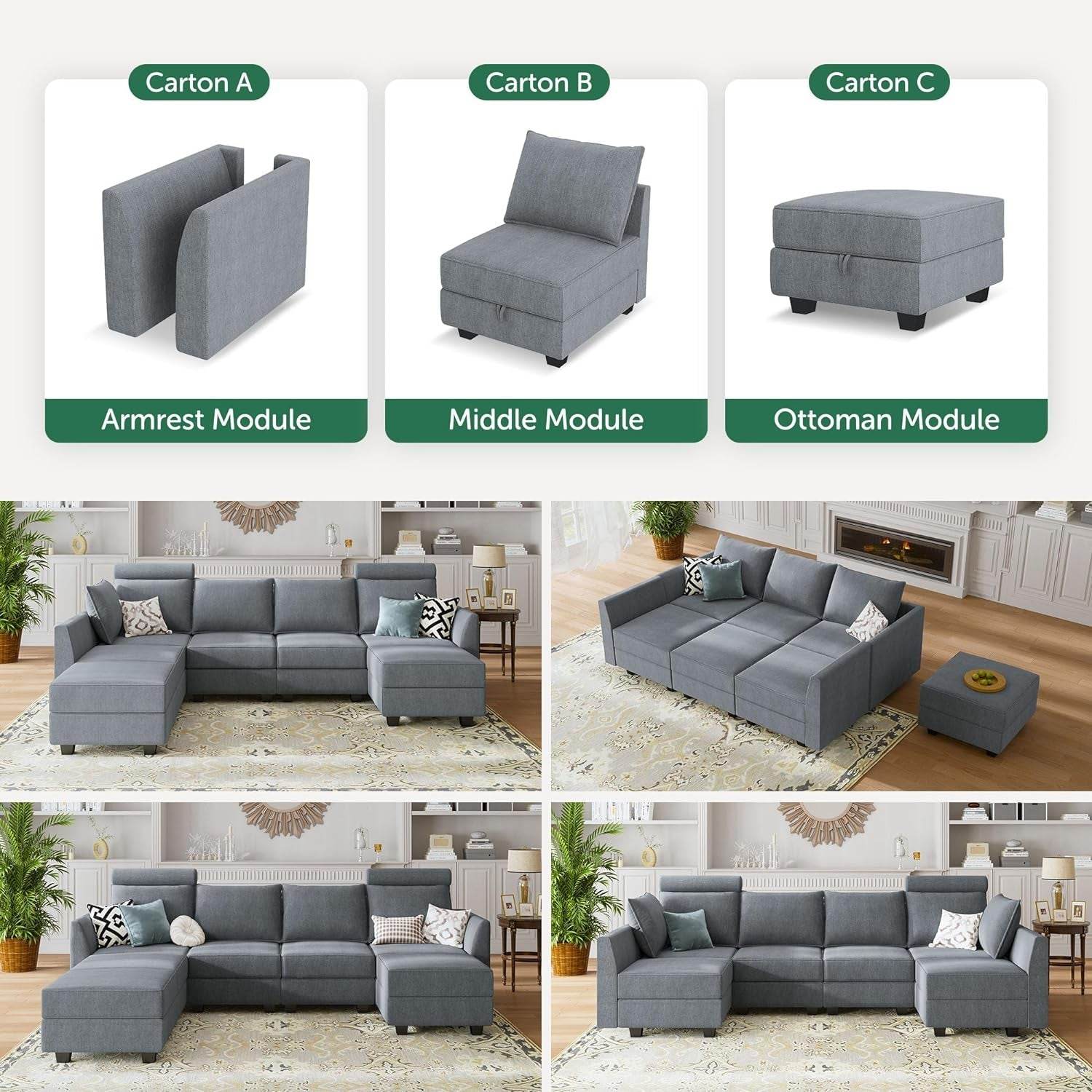 Modular U-Shaped Sectional Sofa Bluish Grey, Storage - Loft&Timber
