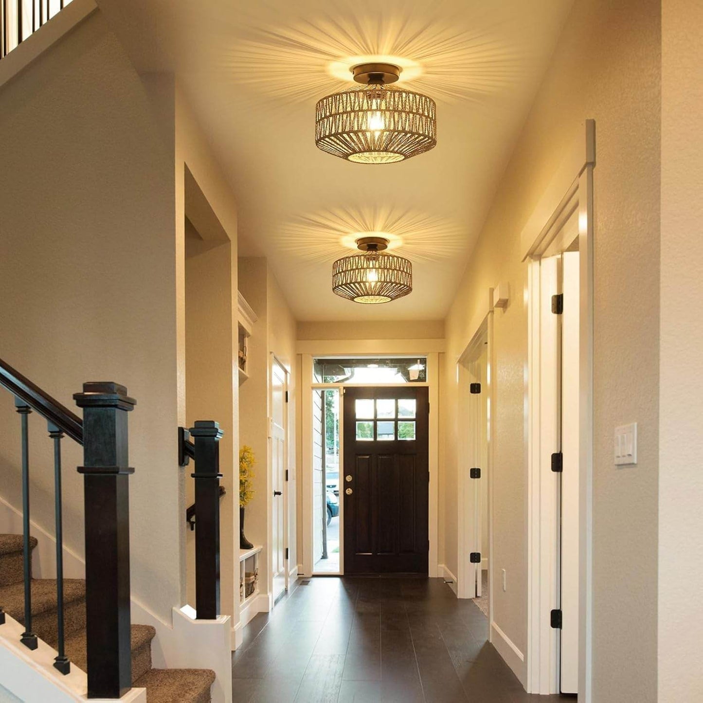 Boho Light Fixtures Ceiling Mount，Rattan Ceiling Light Fixture with Dimmable LED Bulb，Mini Hand Woven Chandelier Light Fixtures Ceilingfor Hallway Bedroom Kitchen Entryway Living Room（Grey） - Loft&Timber