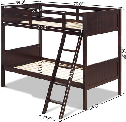 Wood Twin over Twin Bunk Beds Convertible 2 Individual Twin Beds for Kids Children, Solid Rubberwood Bunk Bed with Ladder and Safety Rail (Espresso) - Loft&Timber