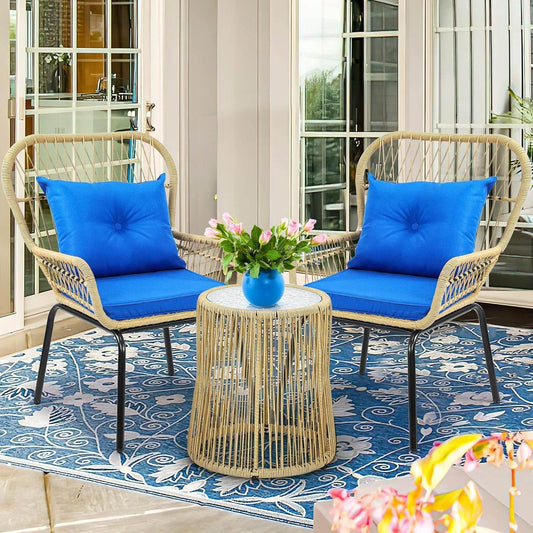 3-Piece Outdoor Patio Furniture Wicker Bistro Set, All-Weather Rattan Conversation Chairs for Backyard, Balcony and Deck with Soft Cushions, Glass Side Table (Light Brown+Navy Blue) - Loft&Timber