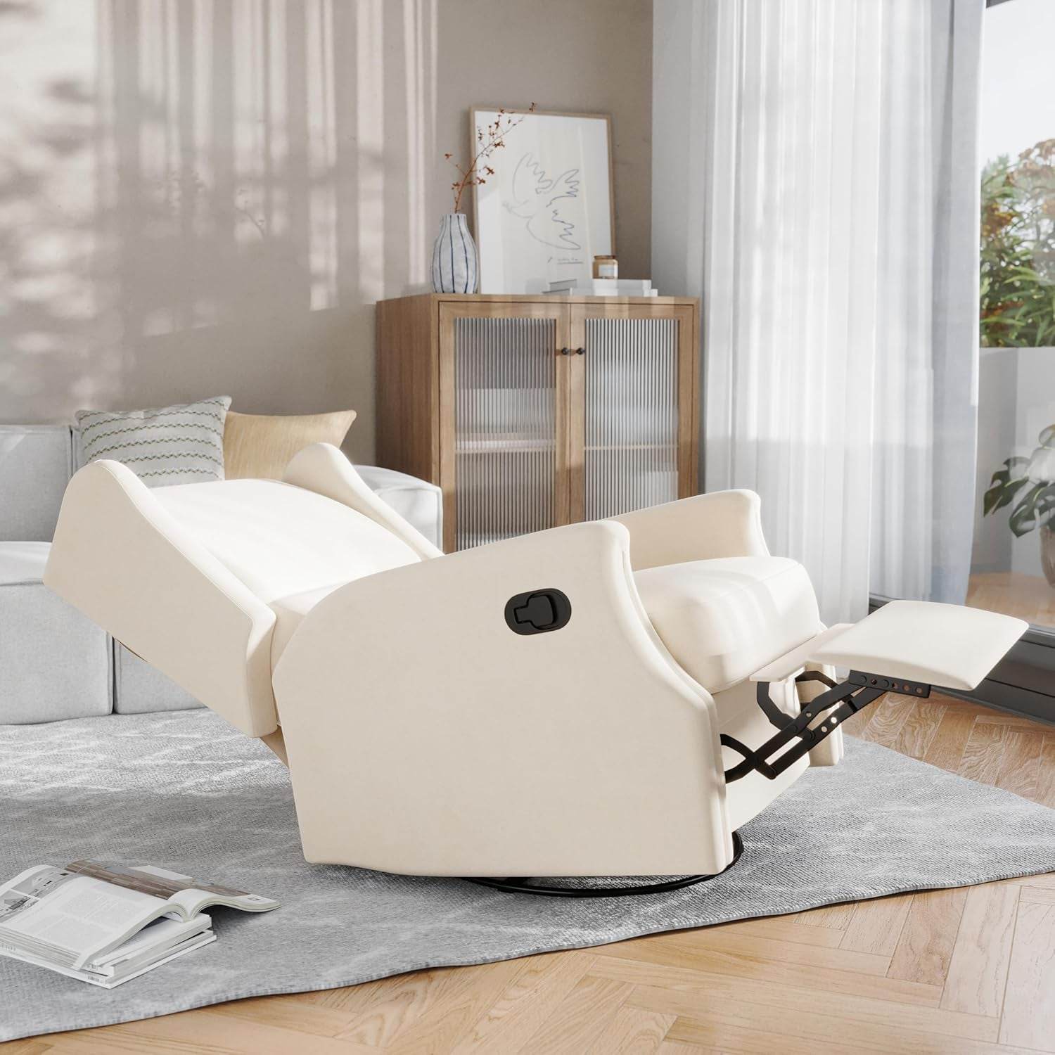 Omma Swivel Glider Rocking Recliner, Manual Wingback Recliner with 360 Degree Swivel, for Living Room, Bedroom, or Nursery, Upholstered, Cream - Loft&Timber