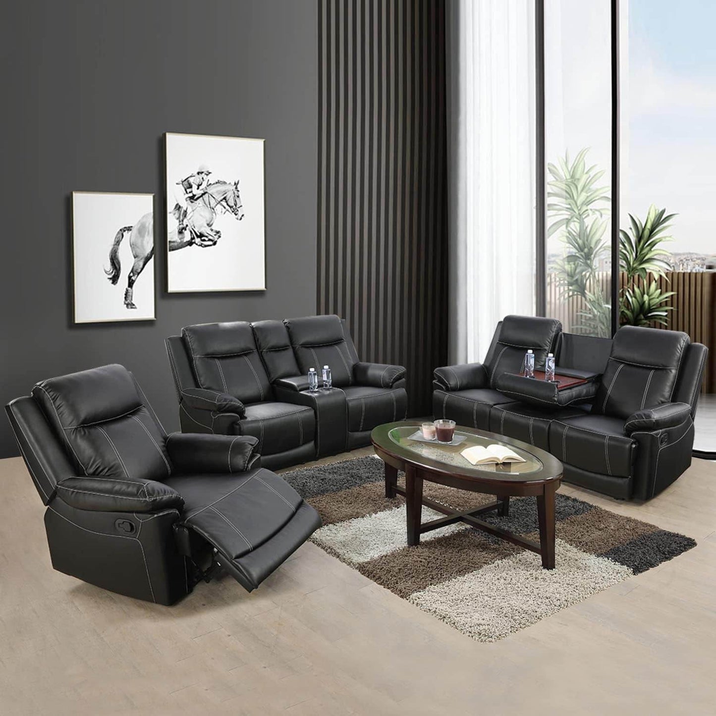 Manual Recliner Sofa Set, Bonded Leather in Black - Loft&Timber