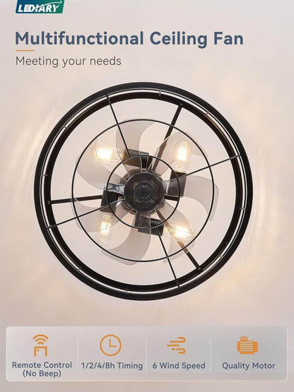 20 Inch Fandelier Caged Ceiling Fan with Light, Bladeless Ceiling Fan with Remote, Farmhouse Fan Lights Ceiling Fixtures for Kitchen, Bedroom, Outdoor(6 Speed, Timing)-Black - Loft&Timber