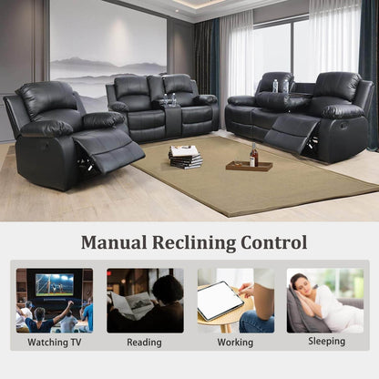 Manual Recliner Sofa Set, Bonded Leather in Black - Loft&Timber