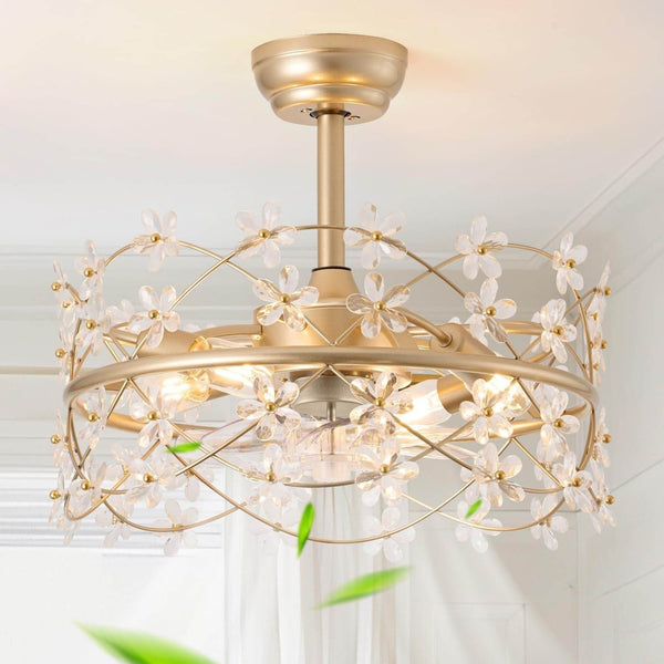 20 Inch Gold Caged Ceiling Fan with Light, Flower Chandelier Ceiling Fan with Lights Remote Control, Modern Crystal Fandelier 6 Speeds for Girl'S Bedroom, Living Room - Loft&Timber