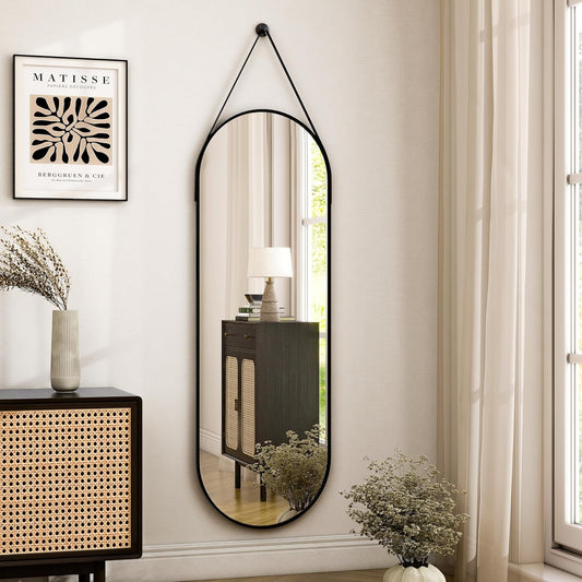 16"X48" Oval Hanging Mirror with Leather Strap Full Length Mirror Aluminum Frame Wall-Mounted Hanging Mirrors for Bathroom Vanity Living Room Bedroom Entryway Decor - Loft&Timber