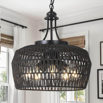5-Light Black Rattan Chandelier Farmhouse Dining Room - Loft&Timber