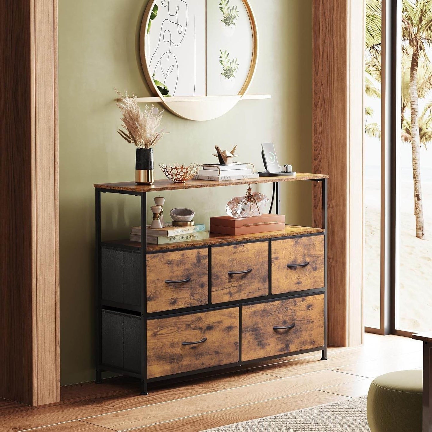 Dresser TV Stand with 5 Drawers in Rustic Brown - Loft&Timber