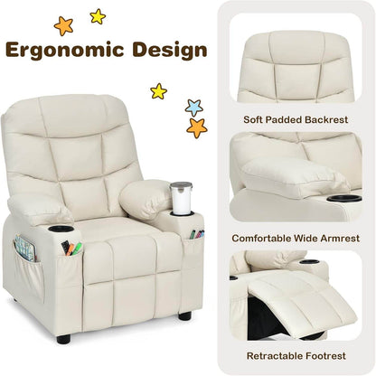 Kids Recliner Chair with Cup Holder, with Footrest & Side Pockets (Beige) - Loft&Timber