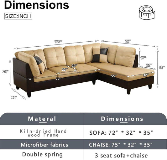 2 Pieces Sectional Sofa Sets, L-Shape Sofa Microfiber (Beige, Right Hand Facing) - Loft&Timber