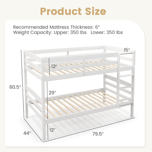 Bunk Bed Twin over Twin, Solid Wood Detachable Bed Frame with High Guardrails & Integrated Ladder, Wooden Slatted Bunk Bed for Kids & Teens, No Box Spring Needed, White - Loft&Timber