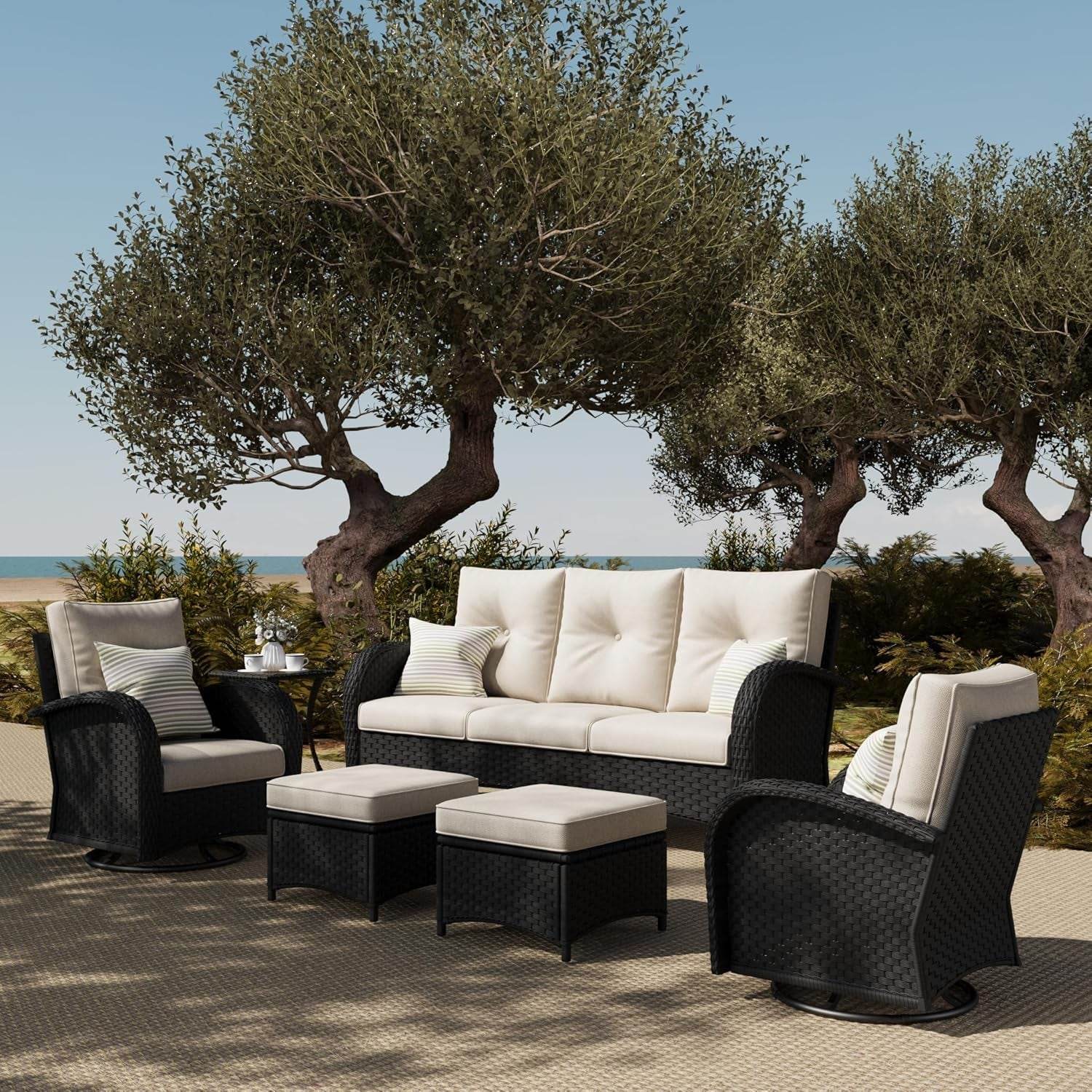 6 Pieces Outdoor Patio Furniture Set, Rattan Wicker Sectional Swivel Rocker Chairs Sets - Loft&Timber