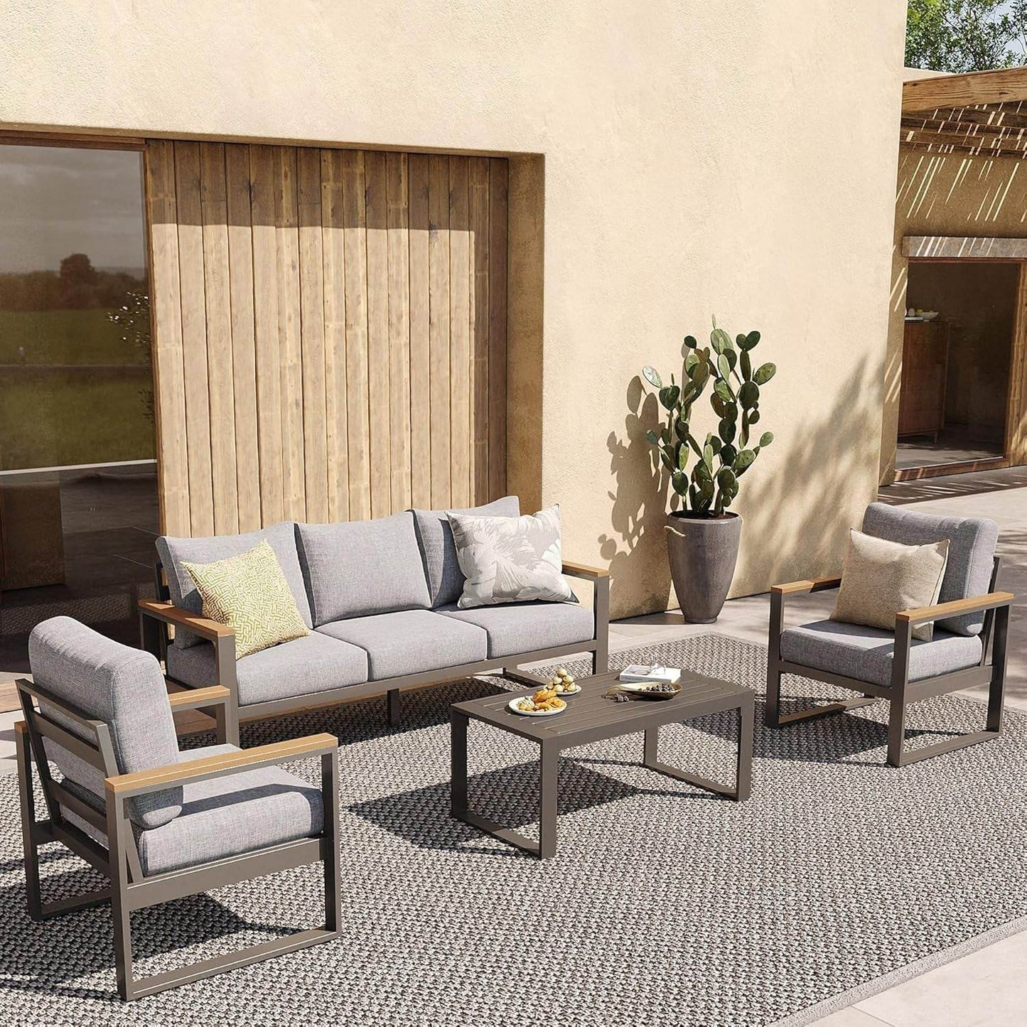 Aluminum Patio Furniture Set, 4 Piece Modern Outdoor Furniture with 6 Inch Cushion, Metal Patio Sectional Conversation Sets for Deck, Backyard, Porch (Grey) - Loft&Timber