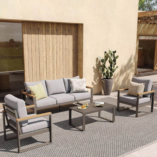 Aluminum Patio Furniture Set, 4 Piece Modern Outdoor Furniture with 6 Inch Cushion, Metal Patio Sectional Conversation Sets for Deck, Backyard, Porch (Grey) - Loft&Timber