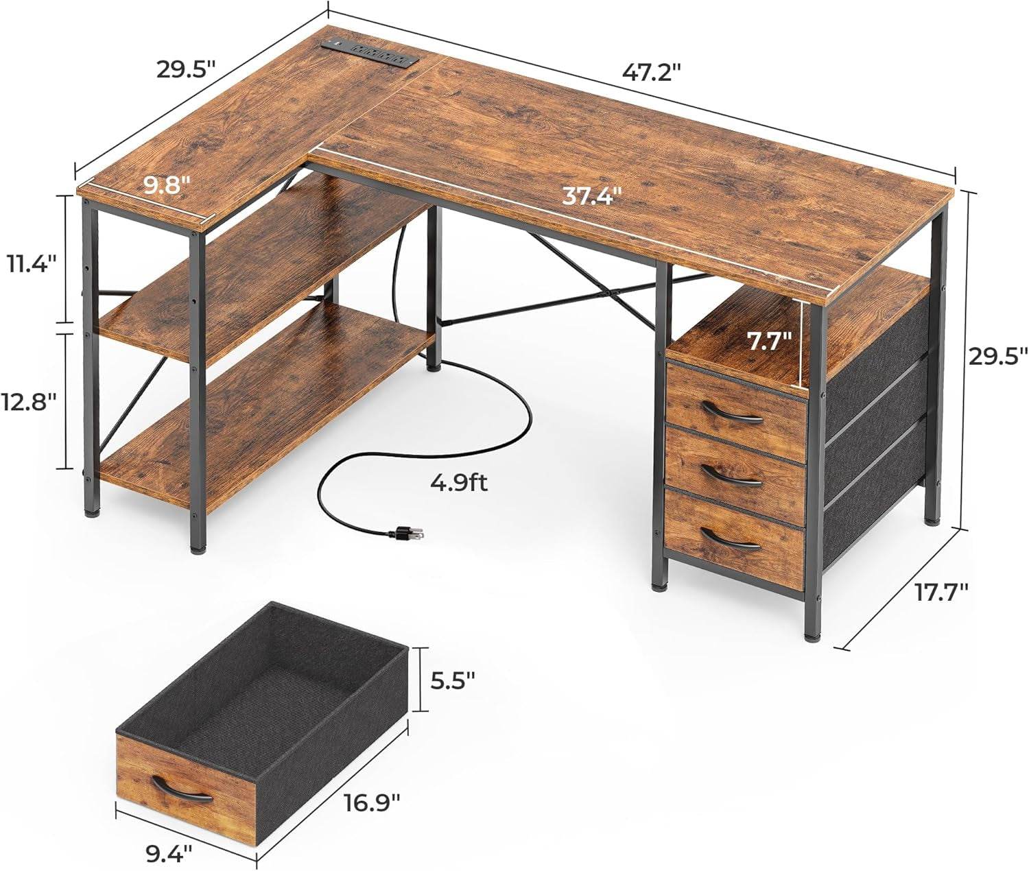 L Shaped Desk with Power Outlets in Rustic Brown - Loft&Timber