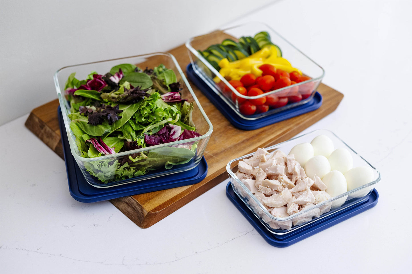 Glass Food Storage Containers - 6 Piece (3 Containers + 3 Lids) Rectangular Nesting Space-Saving Set - Loft&Timber