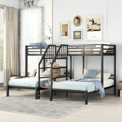 Metal Triple Bunk Bed with Stairs, 3 Beds Bunk Bed, Twin over Twin & Twin Bunk Bed with Storage Shelves Staircase, for Kids Teens Adults, Black - Loft&Timber