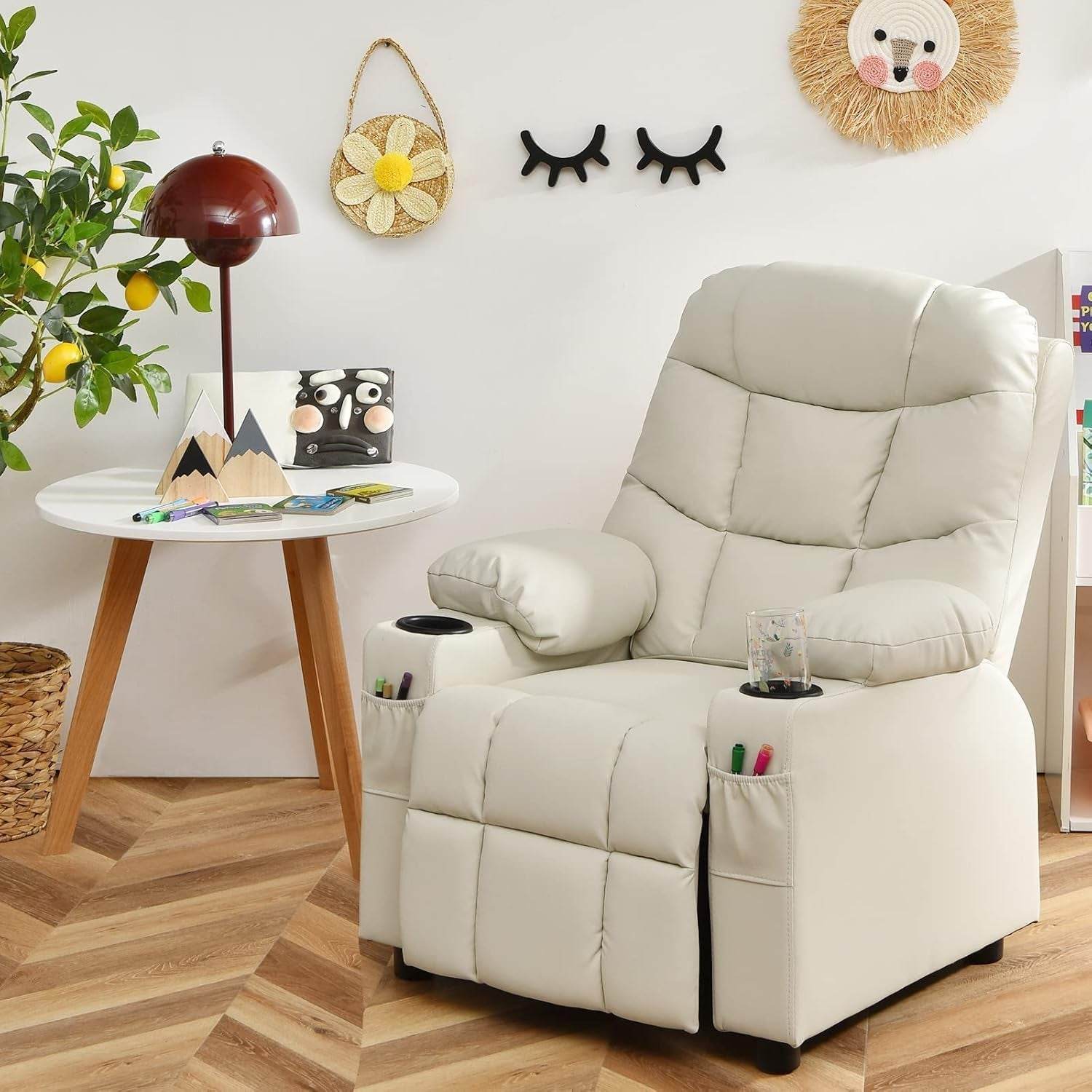 Kids Recliner Chair with Cup Holder, with Footrest & Side Pockets (Beige) - Loft&Timber