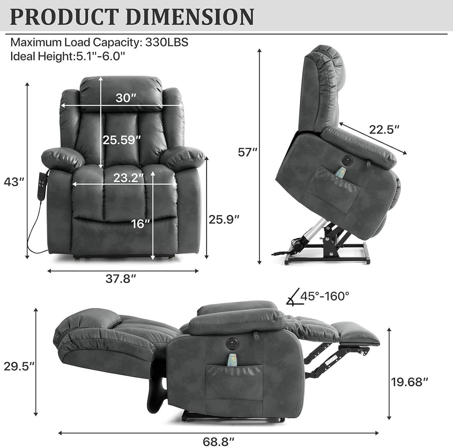 Dual Motor Large Power Lift Recliner Chair Recliners for Elderly, Infinite Position Recliner Chair with Heat and Massage, Breathable Leather(Gray) - Loft&Timber