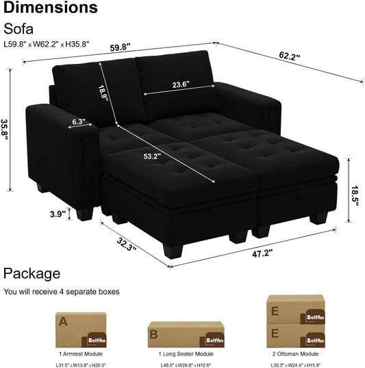 Velvet Modular Sectional Sofa Couch with Storage Convertible Sectional Sleeper Sofa Couch Bed Set with Reversible Chaise Black - Loft&Timber