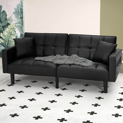 Faux Leather Futon Couch, Convertible Sofa Bed with Adjustable Back, Black - Loft&Timber