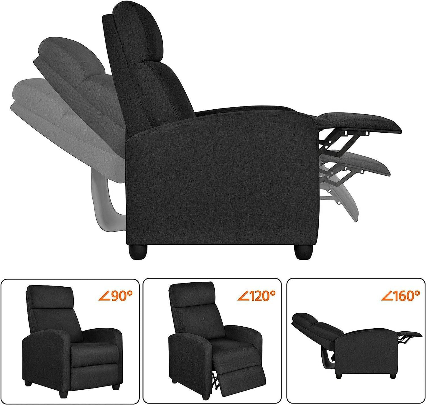 Fabric Push Back Recliner Chair, Pocket Spring, Matte Black - Loft&Timber