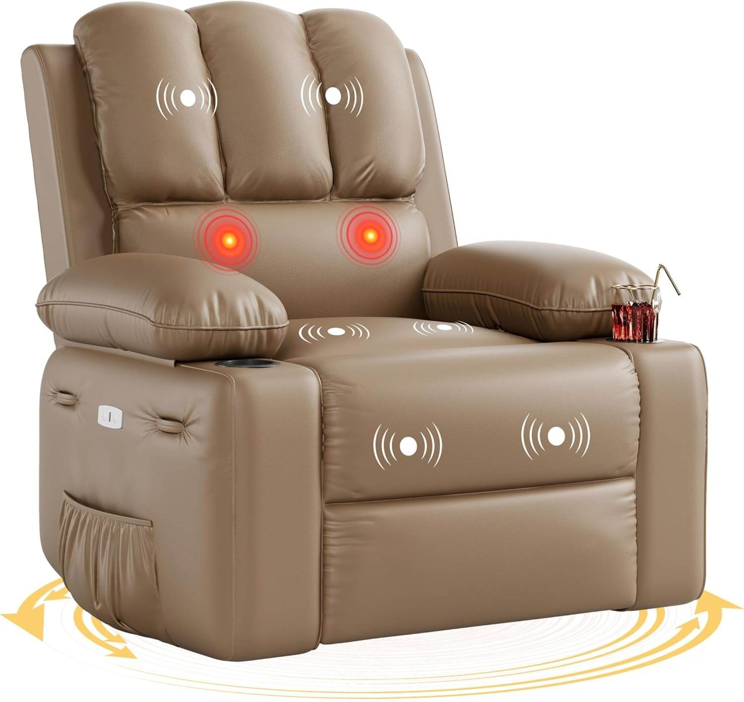 Oversized Electric Recliner Chair - 360° Rocker Swivel Recliner with Heat and Massage, PU Leather Large Recliner for Adults, Comfortable Lazy with 1.5X Sponge Filling for Living Room - Loft&Timber