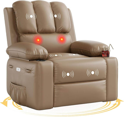 Oversized Electric Recliner Chair - 360° Rocker Swivel Recliner with Heat and Massage, PU Leather Large Recliner for Adults, Comfortable Lazy with 1.5X Sponge Filling for Living Room - Loft&Timber