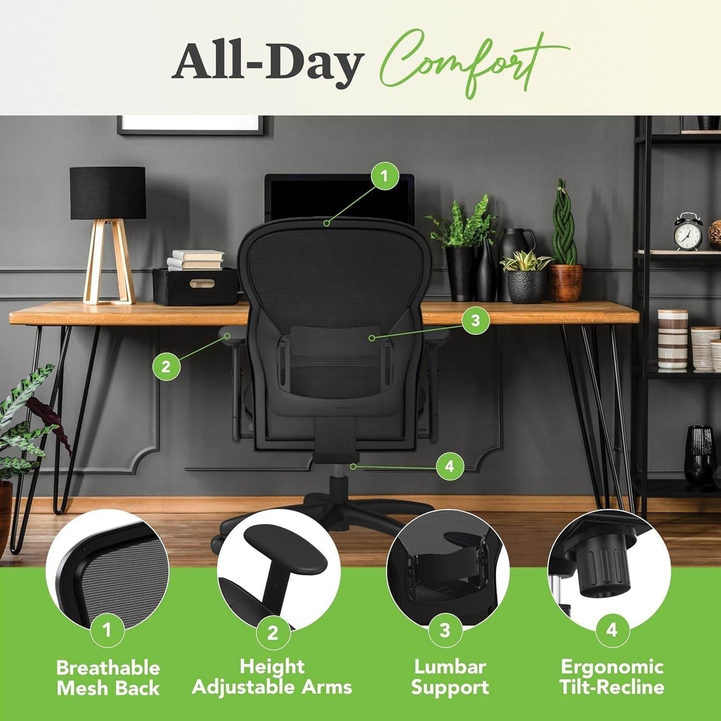 Wave High Back Office Chair Ergonomic Office Chair with Leather Seat, Breathable Back Mesh Desk Chair with Wheels and Arms, 360 Swivel, Synchro-Tilt Recline - Comfortable Home Office Desk Chair - Loft&Timber