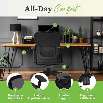 Wave High Back Office Chair Ergonomic Office Chair with Leather Seat, Breathable Back Mesh Desk Chair with Wheels and Arms, 360 Swivel, Synchro-Tilt Recline - Comfortable Home Office Desk Chair - Loft&Timber