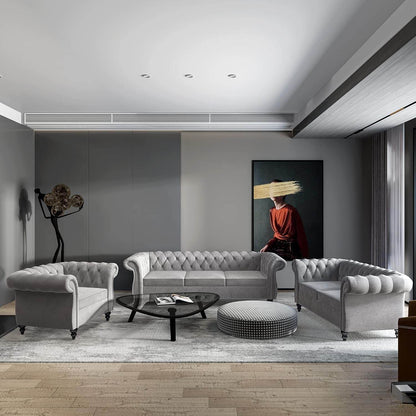 3-Piece Living Room Sectional Sofa Set, Upholstered Sofa Modern Sofa Couches Set Style Button Tufted, Velvet Chesterfield Sofa for Living Room Apartment, 1+2+3 Seat Grey - Loft&Timber