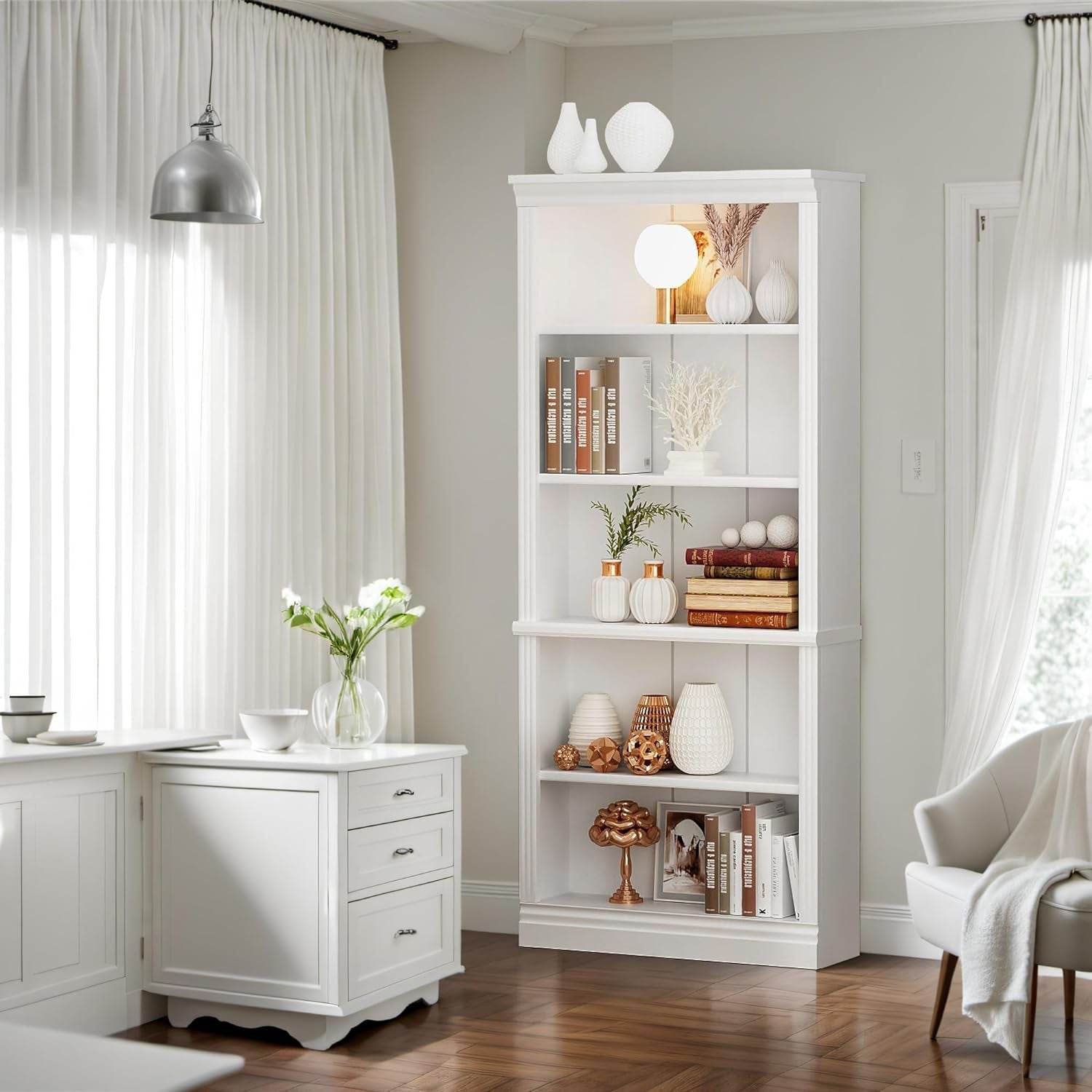 White 5 Tier Tall Bookcase Large Storage - Loft&Timber
