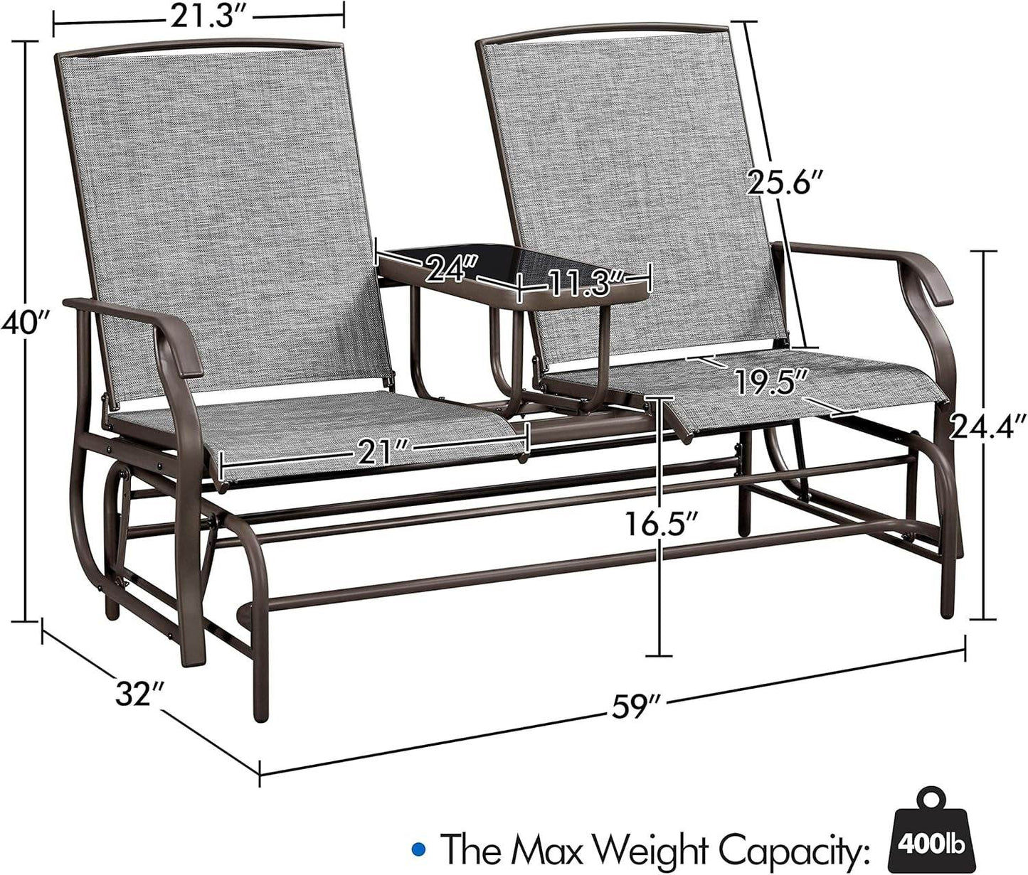 Two-Seat Outdoor Glider Bench with Center Table - Loft&Timber