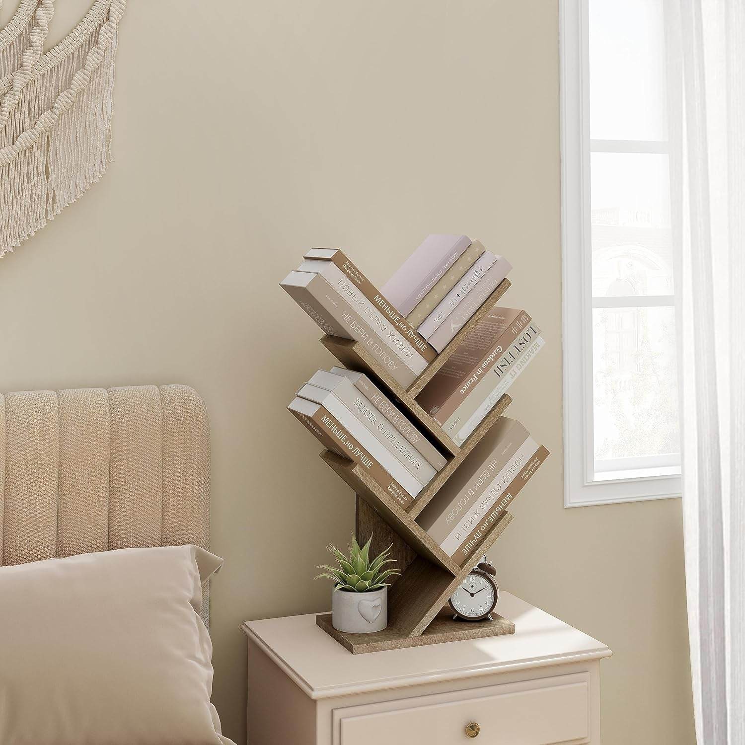 4 Tier Tree Bookshelf, 4 Shelf Bookcase, Modern Book Storage, Free Standing Tree Bookcase, Utility Organizer Shelves for Home Office, Living Room, Bedroom, Greige - Loft&Timber