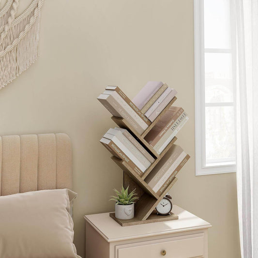 4 Tier Tree Bookshelf, 4 Shelf Bookcase, Modern Book Storage, Free Standing Tree Bookcase, Utility Organizer Shelves for Home Office, Living Room, Bedroom, Greige - Loft&Timber