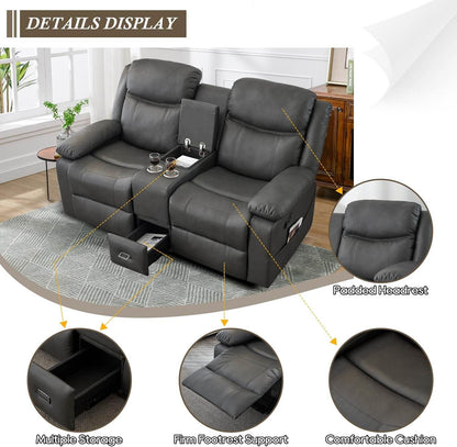 Loveseat Recliner, Reclining Loveseat with Console, Double Reclining Loveseat, 2 Seater Manual Reclining Couch for Living Room, Office, Home Theater(Pu-Grey) - Loft&Timber