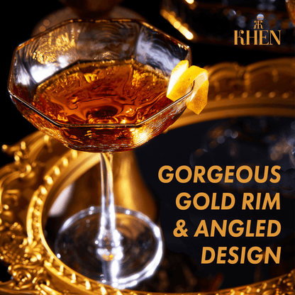 Vintage Crystal Champagne Coupe Gold Rim Hexagonal Angled Glasses | Set of 4 | 6 oz, Art Deco Rim Classic Cocktail Glassware - Martini, Cosmopolitan, Sidecar, Daiquiri | 1920s Style Saucer Goblets - Loft&Timber