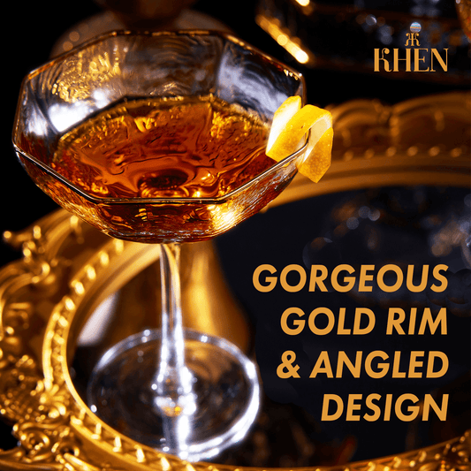 Vintage Crystal Champagne Coupe Gold Rim Hexagonal Angled Glasses | Set of 4 | 6 oz, Art Deco Rim Classic Cocktail Glassware - Martini, Cosmopolitan, Sidecar, Daiquiri | 1920s Style Saucer Goblets - Loft&Timber