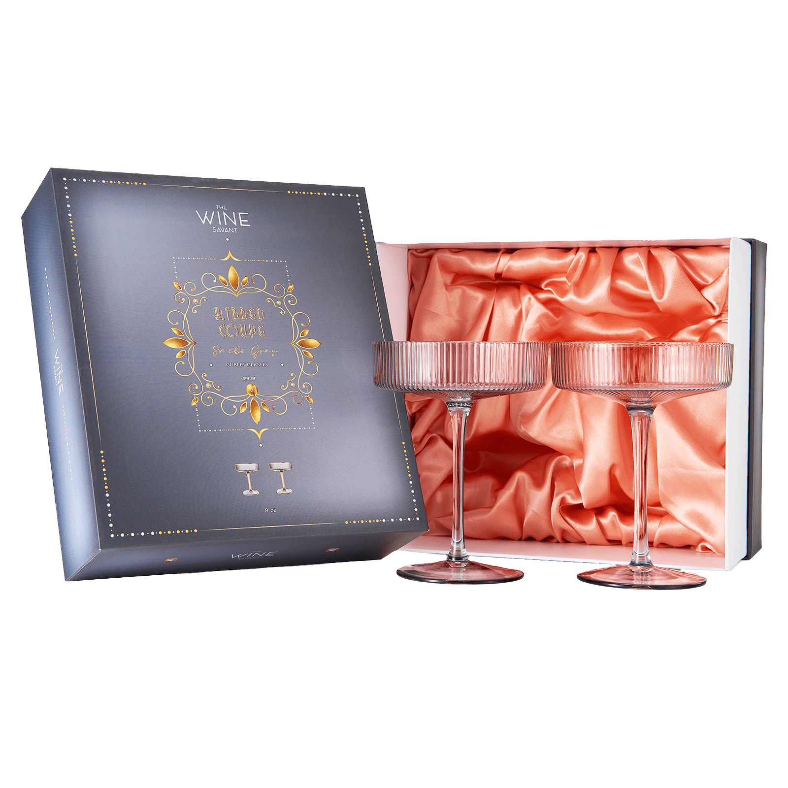 Ribbed Coupe Cocktail Glasses 8 oz | Set of 2 | Classic Manhattan Glasses For Cocktails, Champagne Coupe, Ripple Coupe Glasses, Art Deco Gatsby Vintage, Crystal with Stems (Smoke Grey) - Loft&Timber