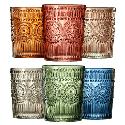 Colored Vintage Drinking Glasses Set | Set of 6 | Tumbler Hobnail 10 OZ Muted Bubble Design Whiskey Glassware, Old-Fashioned, Embossed Design Glass for Water, Wine, Cocktail HAND WASH ONLY - Loft&Timber
