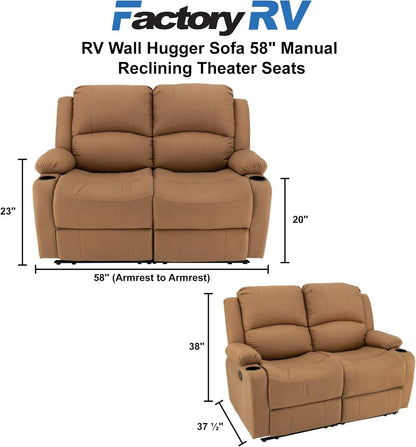 58" Wall Hugger Reclining RV Theater Seats | Double Recliner RV Sofa | RV Couch | Wall Hugger Recliner | RV Theater Seating | RV Furniture (Manual, Sand) - Loft&Timber