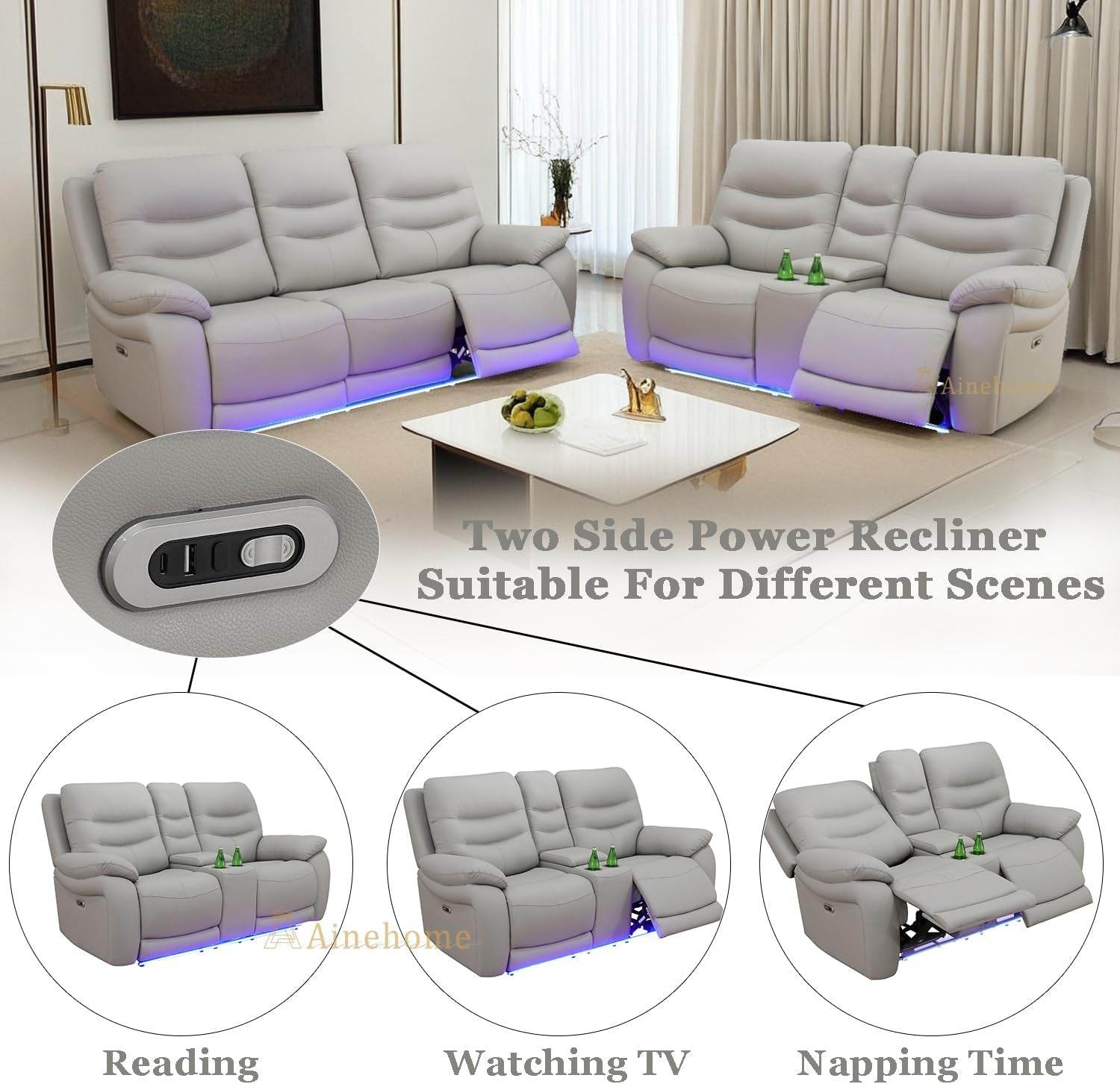 LED Power Recliner Sofa for Living Room Furniture Set - Loft&Timber